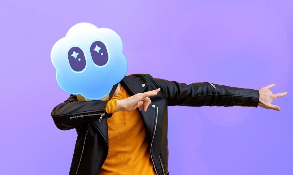 A person striking a playful “dabbing” pose against a purple background, wearing a black leather jacket and orange sweater, with their head replaced by a blue cloud emoji with sparkly eyes. Sora AI video