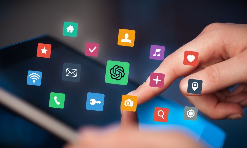 ChatGPT ads concept showing AI app icons floating above a smartphone screen as a user interacts with the interface, illustrating digital marketing, branding strategy, and creative design services by a marketing agency.